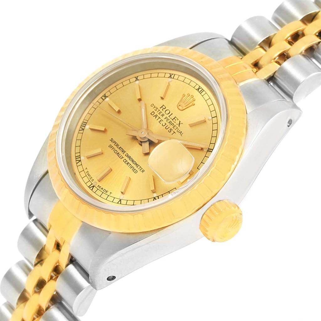 The Rolex Datejust 69173 Women's Stainless Steel Champagne Dial 69173 Women's Stainless Steel Champagne Dial watch is shown at a slight angle, displaying the face, bezel, crown, and part of the bracelet.
