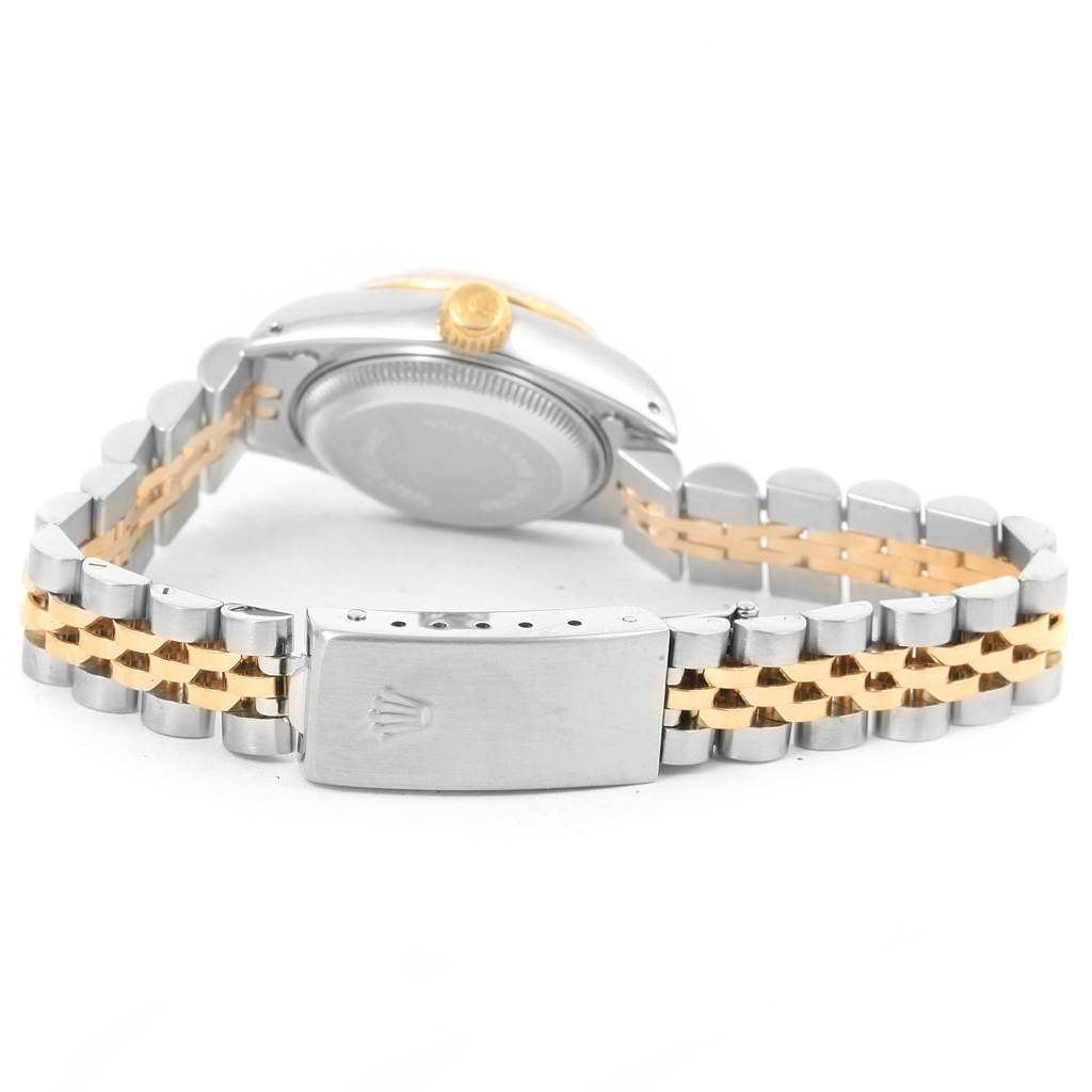 The image shows the back side and bracelet clasp of a Rolex Datejust 69173 Women's Stainless Steel Champagne Dial 69173 Women's Stainless Steel Champagne Dial watch, highlighting the two-tone metal design.