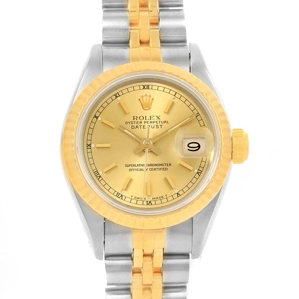The image shows a frontal view of a Rolex Datejust 69173 Women's Stainless Steel Champagne Dial 69173 Women's Stainless Steel Champagne Dial watch, highlighting the dial, bezel, crown, and bracelet.