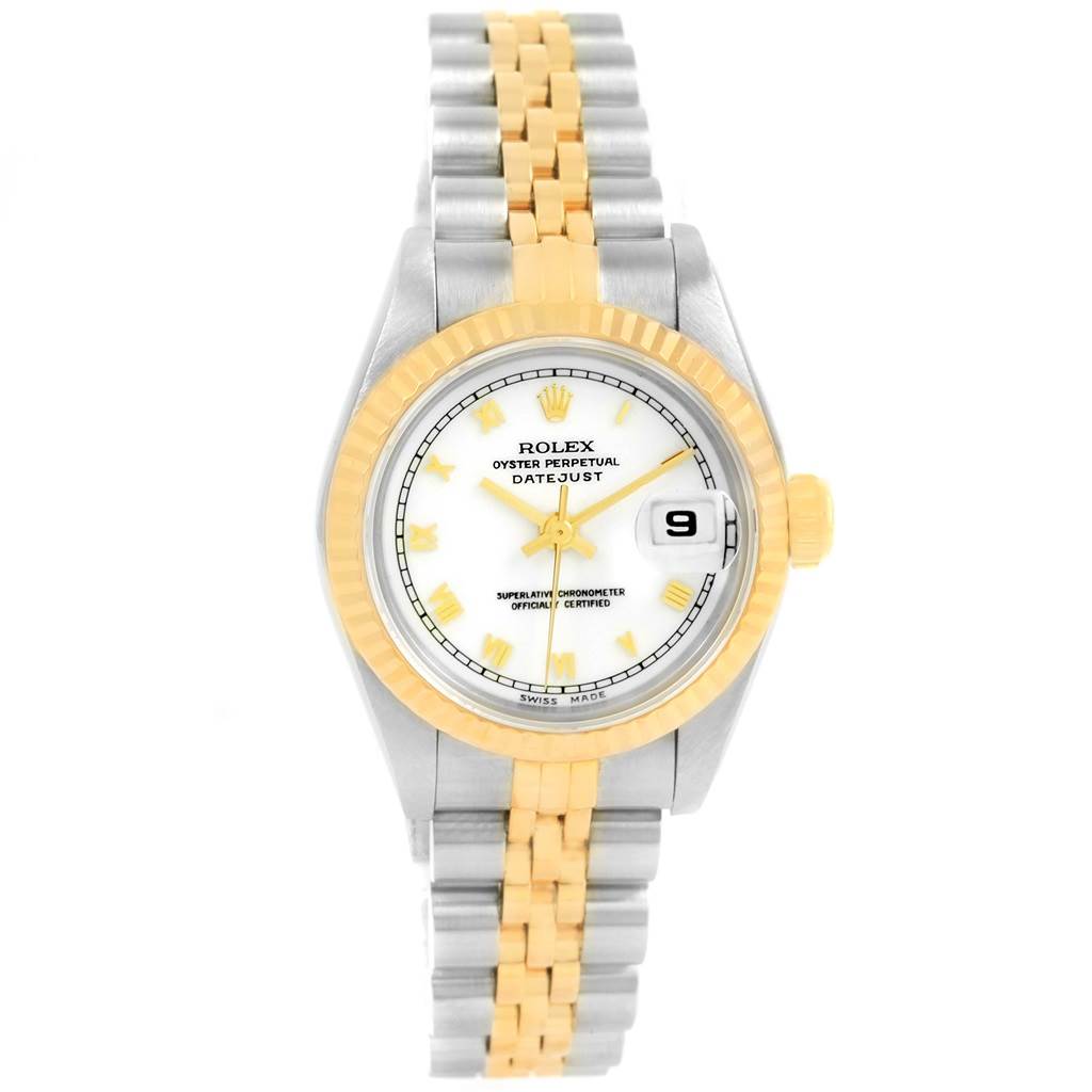 This image shows the front view of a Rolex Datejust 69173 Women's Stainless Steel White Dial 69173 Women's Stainless Steel White Dial watch, highlighting the dial, bezel, bracelet, and cyclops lens over the date.