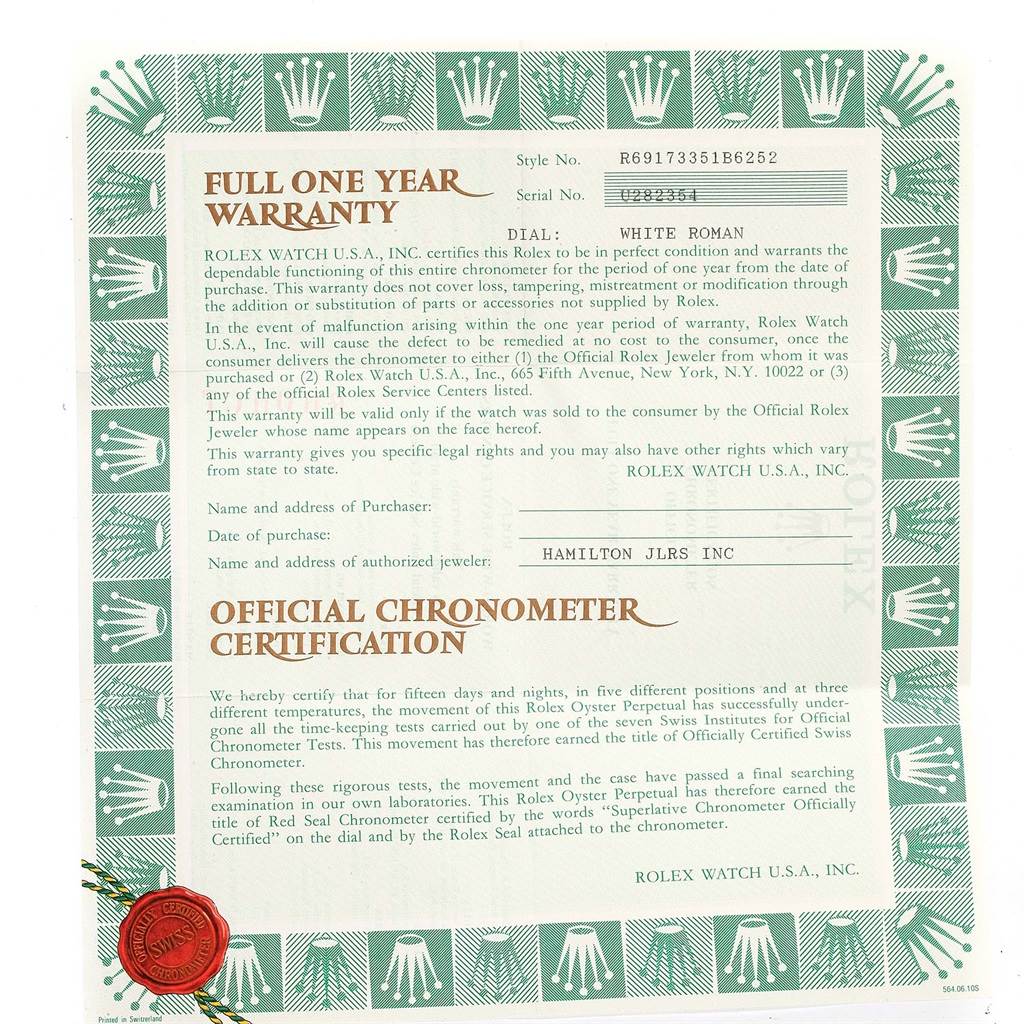 The image shows a warranty card and chronometer certification for a Rolex Datejust 69173 Women's Stainless Steel White Dial 69173 Women's Stainless Steel White Dial model with a white Roman dial.