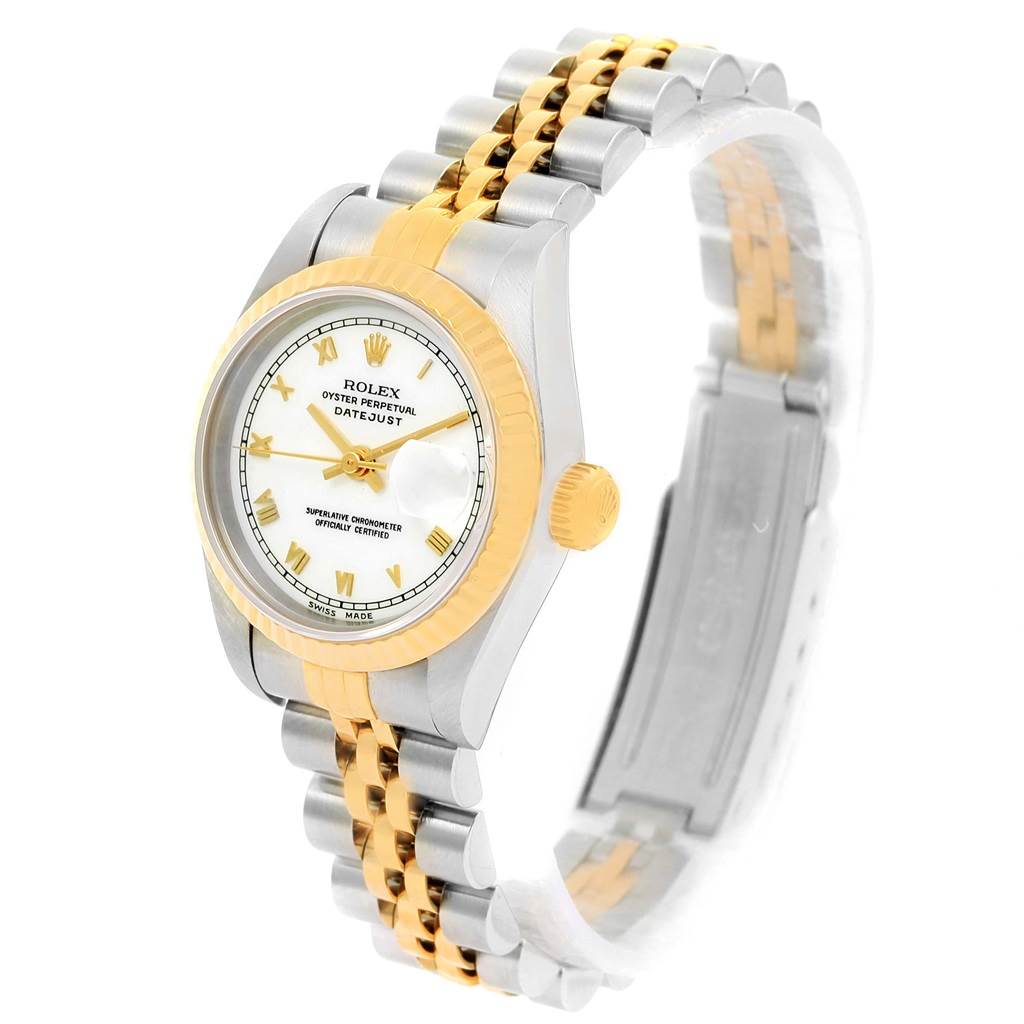 The Rolex Datejust 69173 Women's Stainless Steel White Dial 69173 Women's Stainless Steel White Dial watch is shown at a three-quarter angle, highlighting the dial, bezel, crown, and two-tone metal bracelet.