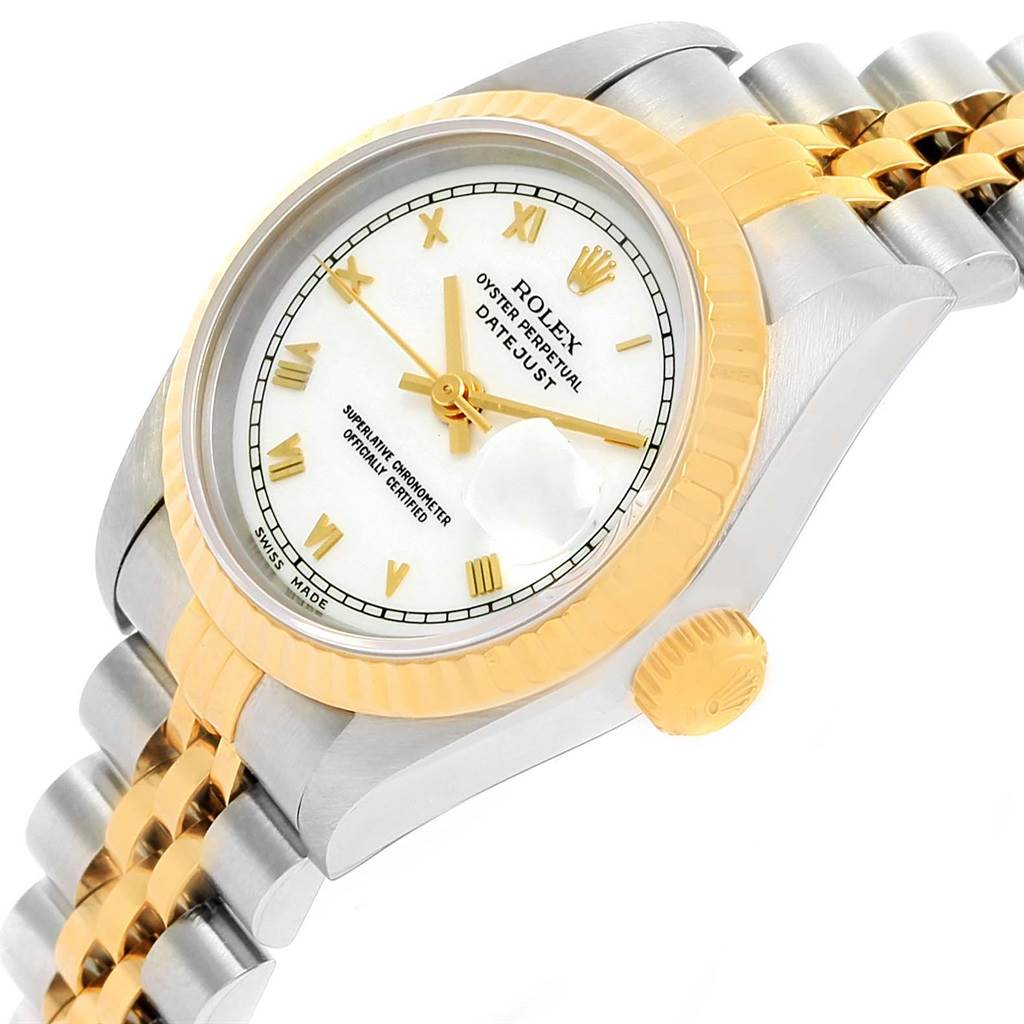 The image shows a Rolex Datejust 69173 Women's Stainless Steel White Dial 69173 Women's Stainless Steel White Dial watch at an angled side view, highlighting the bezel, crown, bracelet, and face details.