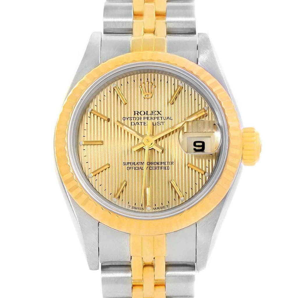 The image shows a Rolex Datejust 69173 Women's Stainless Steel Champagne Dial 69173 Women's Stainless Steel Champagne Dial watch from a frontal angle, highlighting its face, dial, bezel, and part of the bracelet.