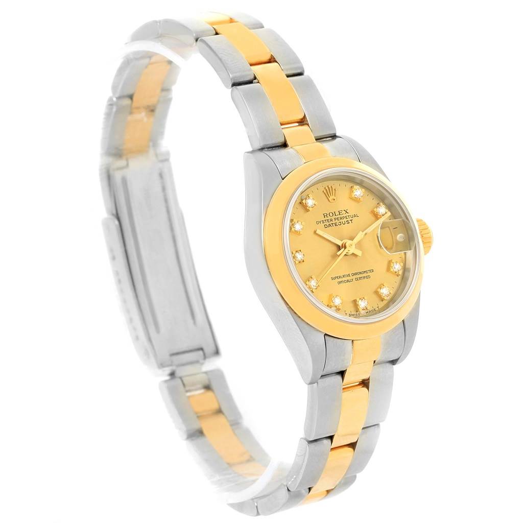 This image shows a Rolex Datejust 69163 Women's Stainless Steel Champagne Dial 69163 Women's Stainless Steel Champagne Dial watch at a three-quarter angle highlighting the dial, bezel, and two-tone bracelet.