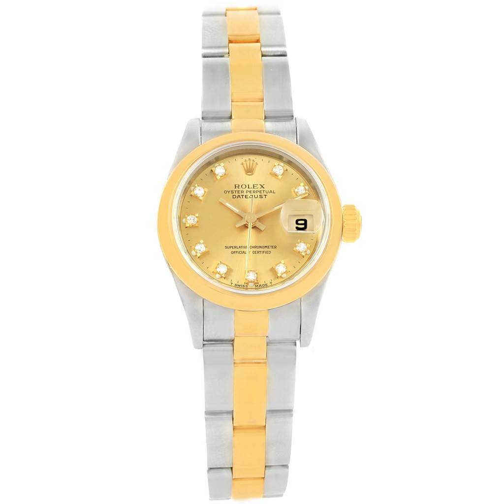 The image shows a front view of a Rolex Datejust 69163 Women's Stainless Steel Champagne Dial 69163 Women's Stainless Steel Champagne Dial watch, highlighting its dial, bezel, and two-tone bracelet.