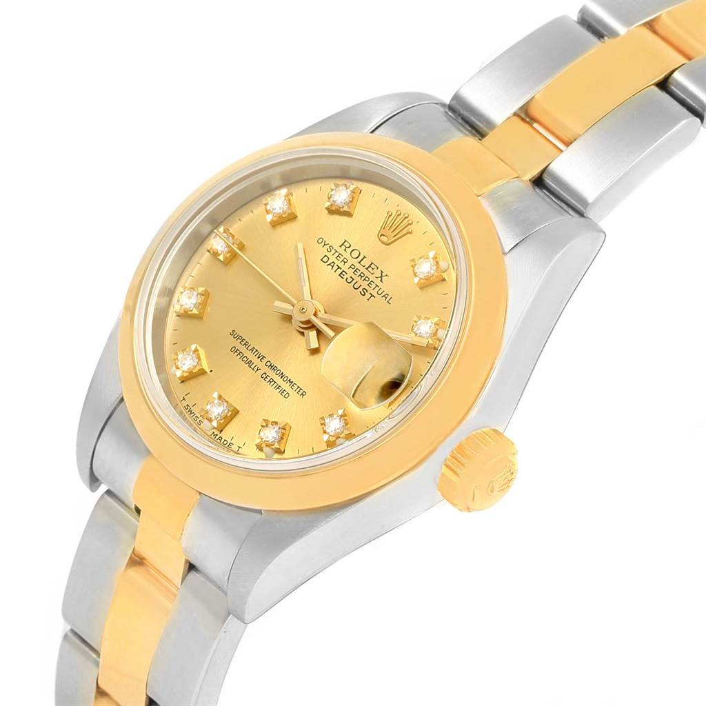 The image shows a close-up angled view of the Rolex Datejust 69163 Women's Stainless Steel Champagne Dial 69163 Women's Stainless Steel Champagne Dial, highlighting the dial, bezel, crown, and part of the bracelet.