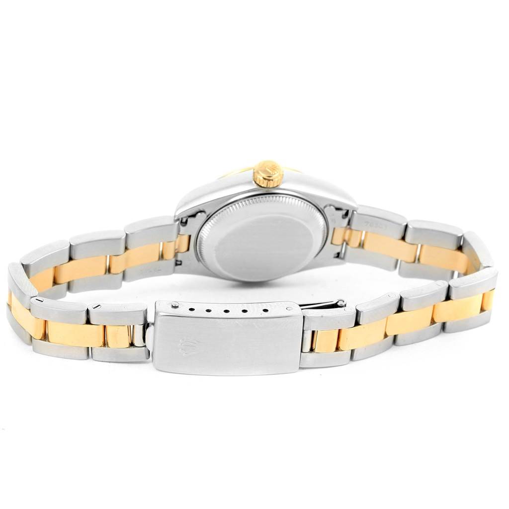 This image shows the backside of a Rolex Datejust 69163 Women's Stainless Steel Champagne Dial 69163 Women's Stainless Steel Champagne Dial watch, highlighting the clasp, bracelet, and case back.