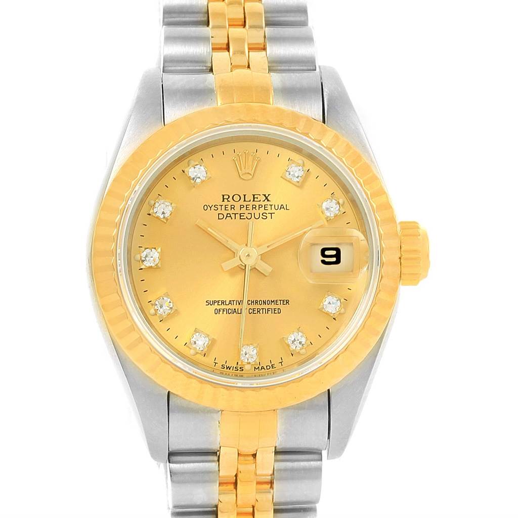 The image shows a front view of a Rolex Datejust 69173 Women's Stainless Steel Champagne Dial 69173 Women's Stainless Steel Champagne Dial watch, highlighting its gold dial, diamond markers, and two-tone bracelet.