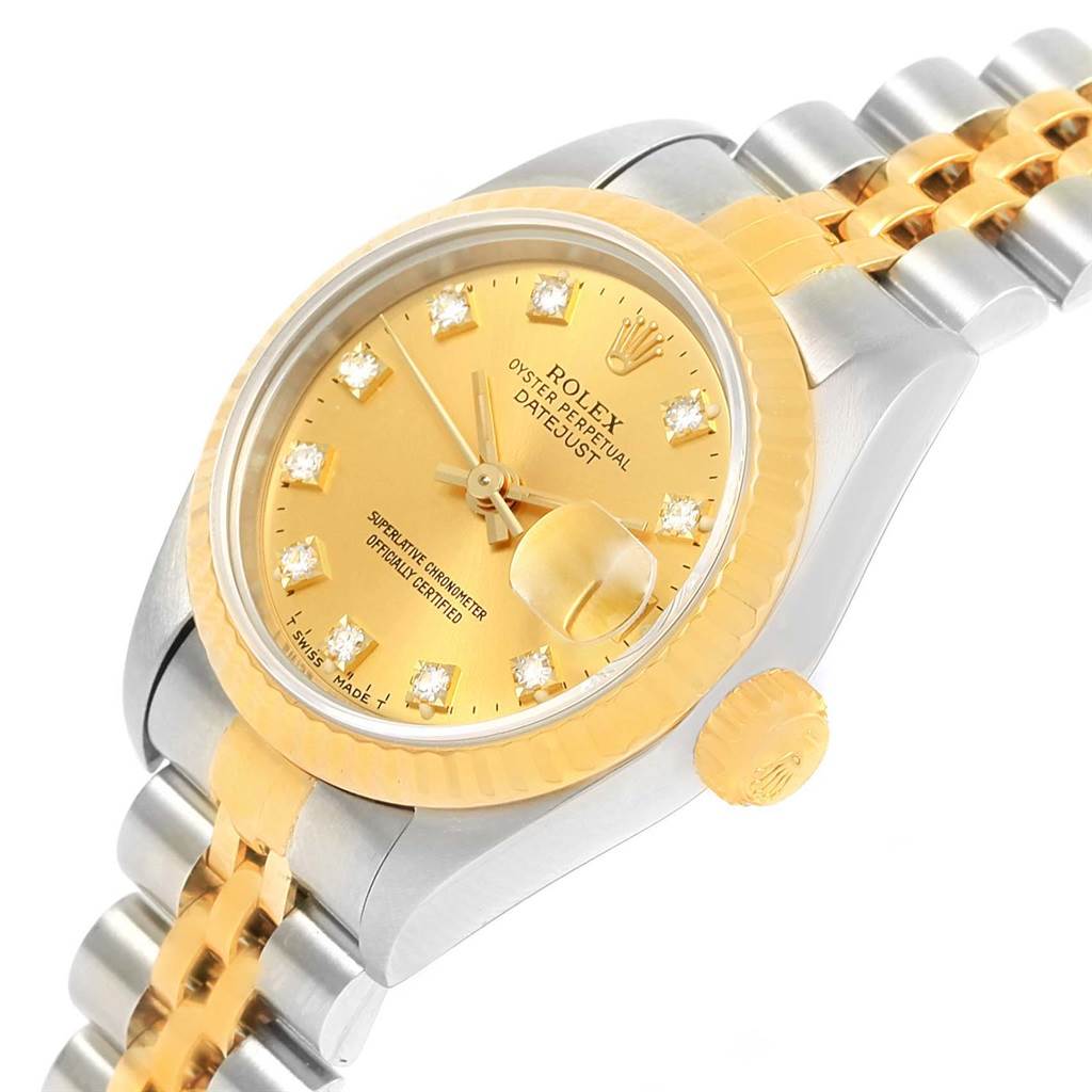 This image shows a diagonal view of a Rolex Datejust 69173 Women's Stainless Steel Champagne Dial 69173 Women's Stainless Steel Champagne Dial watch, highlighting the dial, crown, and two-tone bracelet.