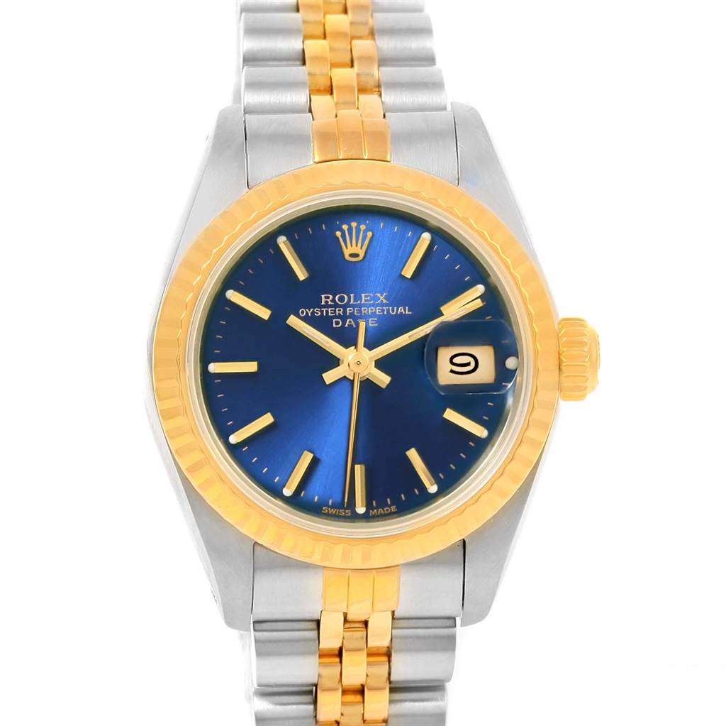 This Rolex Datejust 69173 Women's Steel and Gold (two tone) Blue Dial 69173 Women's Steel and Gold (two tone) Blue Dial watch is shown from a top-down angle, highlighting the dial, bezel, crown, and bracelet.