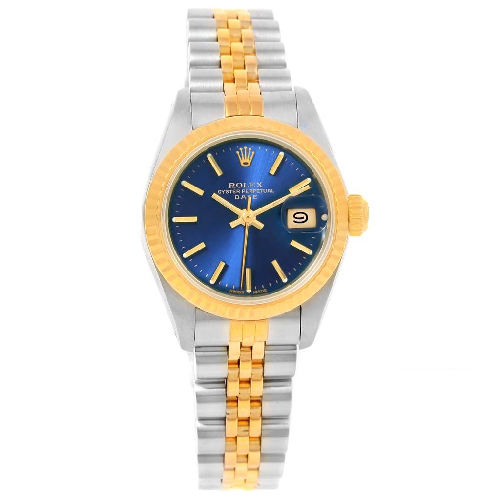 The image shows a Rolex Datejust 69173 Women's Steel and Gold (two tone) Blue Dial 69173 Women's Steel and Gold (two tone) Blue Dial watch from a front angle, highlighting its blue dial, two-tone bracelet, and date display.