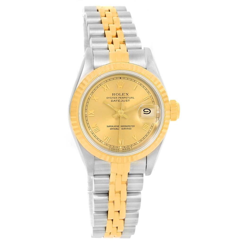 The image shows a full frontal view of a Rolex Datejust 69173 Women's Steel and Gold (two tone) Champagne Dial 69173 Women's Steel and Gold (two tone) Champagne Dial watch, displaying the dial, bezel, bracelet, and crown.