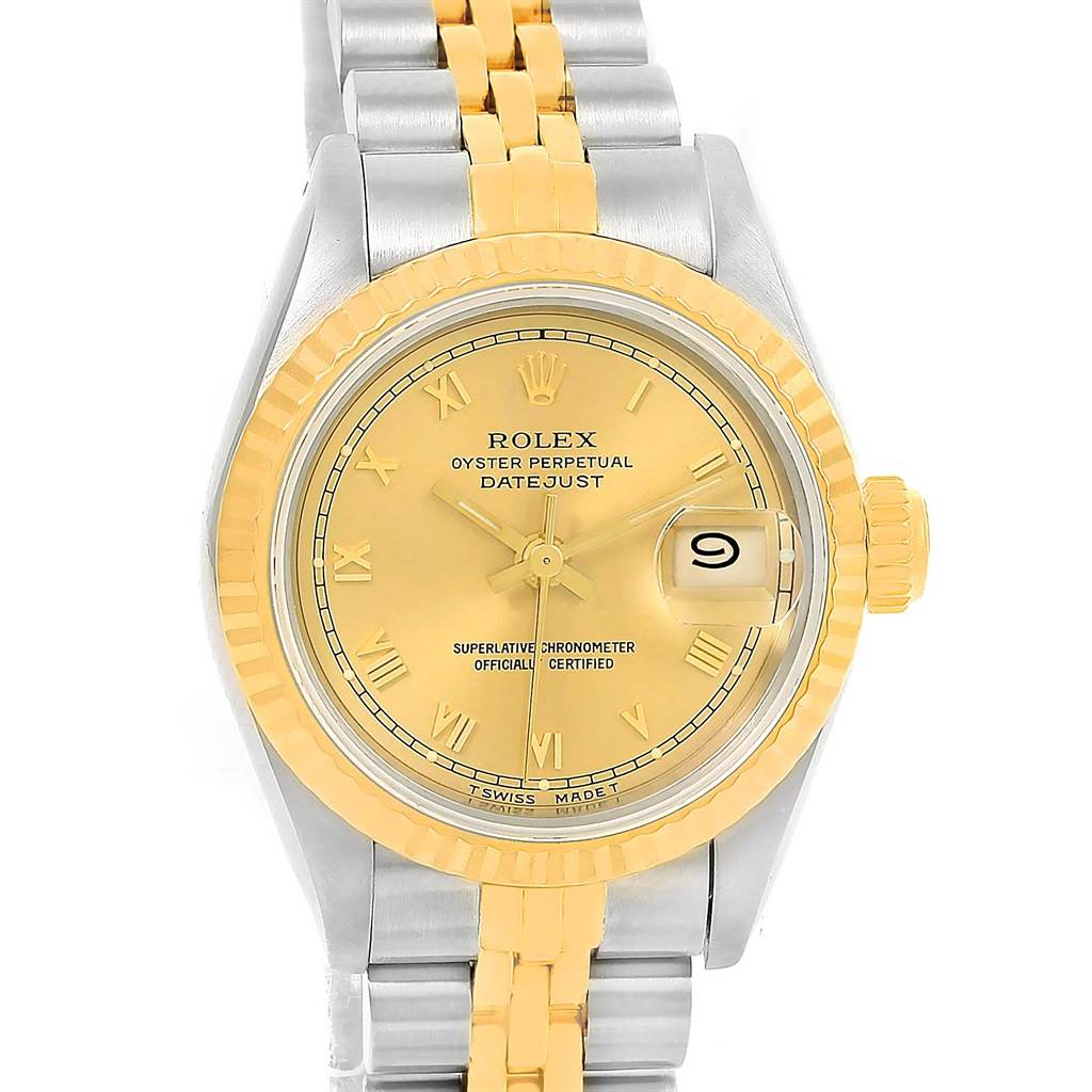 The Rolex Datejust 69173 Women's Steel and Gold (two tone) Champagne Dial 69173 Women's Steel and Gold (two tone) Champagne Dial watch is shown from the front, highlighting the face, bezel, and bracelet.