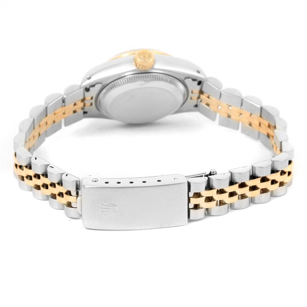 The image shows the back view of a Rolex Datejust 69173 Women's Stainless Steel Black Dial 69173 Women's Stainless Steel Black Dial watch, focusing on the clasp, bracelet, and case back.