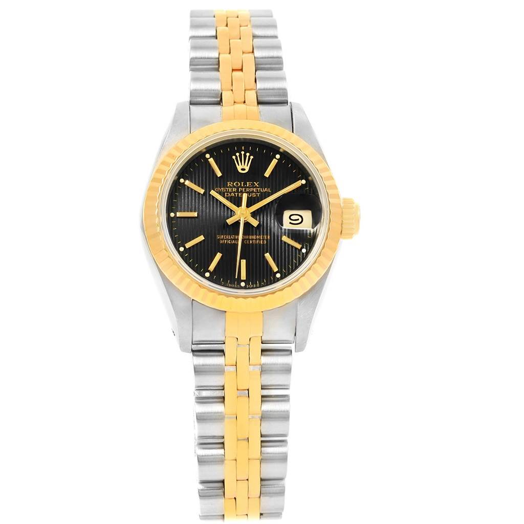 The image shows a frontal view of a Rolex Datejust 69173 Women's Stainless Steel Black Dial 69173 Women's Stainless Steel Black Dial watch with a black dial and a two-tone gold and silver bracelet.