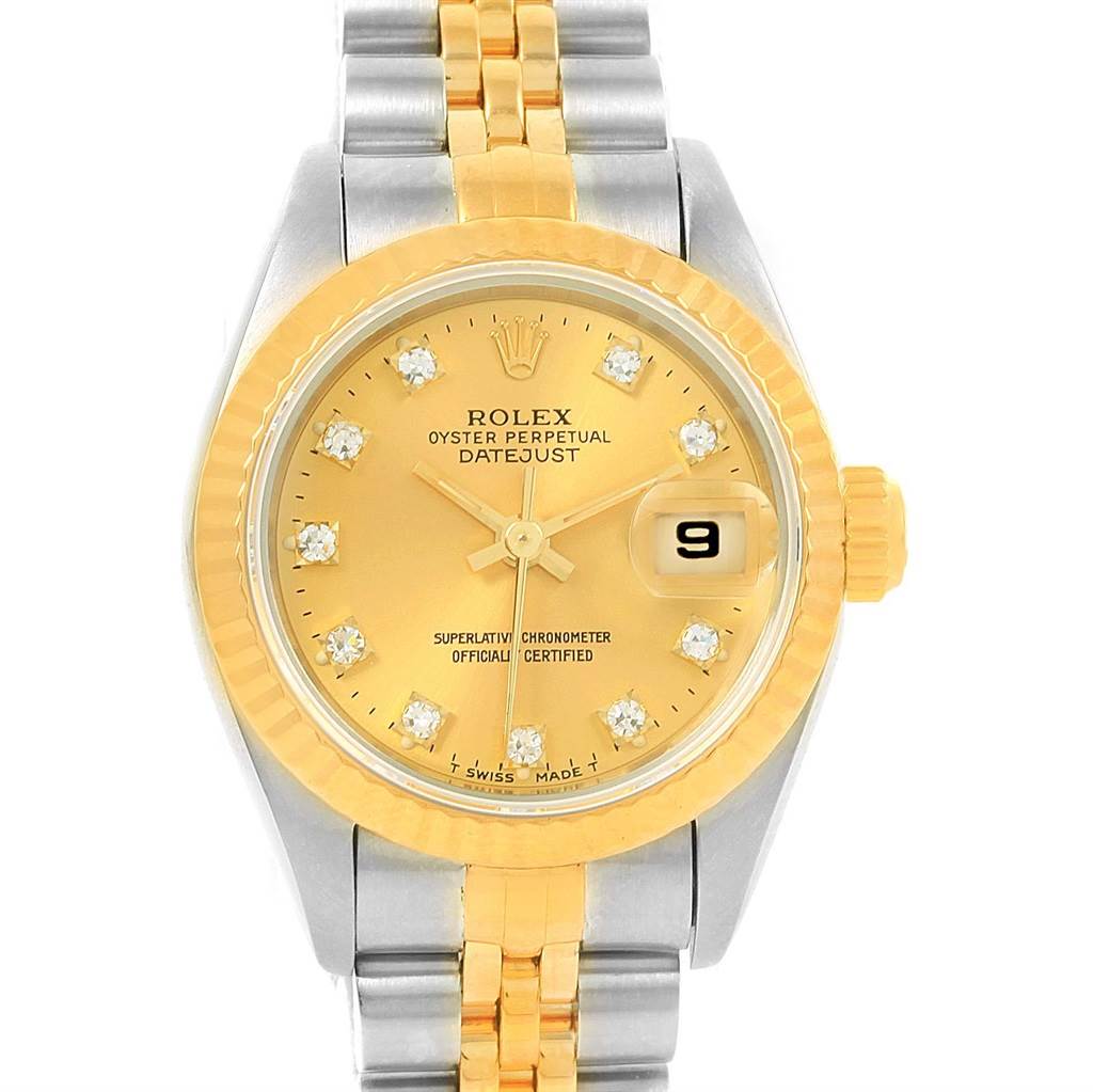 This image shows a frontal view of a Rolex Datejust 69173 Women's Stainless Steel Champagne Dial 69173 Women's Stainless Steel Champagne Dial watch, highlighting the dial, bezel, crown, and part of the bracelet.