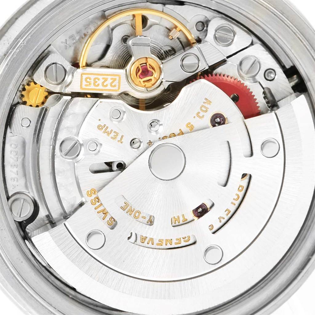 This image shows an up-close view of the movement inside a Rolex Datejust 79174 Women's Stainless Steel Silver Dial 79174 Women's Stainless Steel Silver Dial watch, highlighting its intricate components and mechanics.