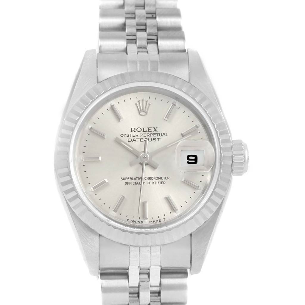The image shows a front view of a Rolex Datejust 79174 Women's Stainless Steel Silver Dial 79174 Women's Stainless Steel Silver Dial watch, displaying the dial, bezel, crown, and bracelet.