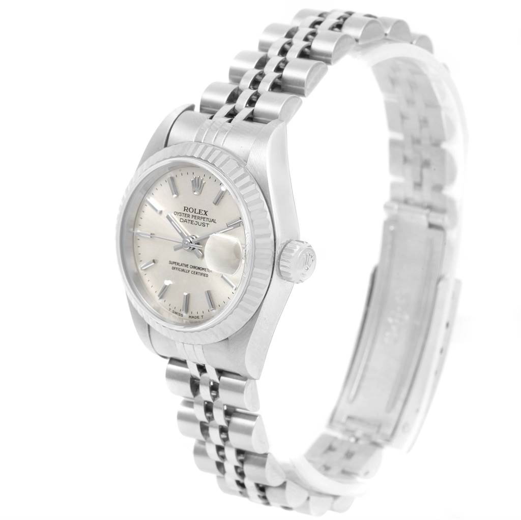 This image shows a Rolex Datejust 79174 Women's Stainless Steel Silver Dial 79174 Women's Stainless Steel Silver Dial watch angled from the front side, highlighting the face, bezel, crown, and Jubilee bracelet.