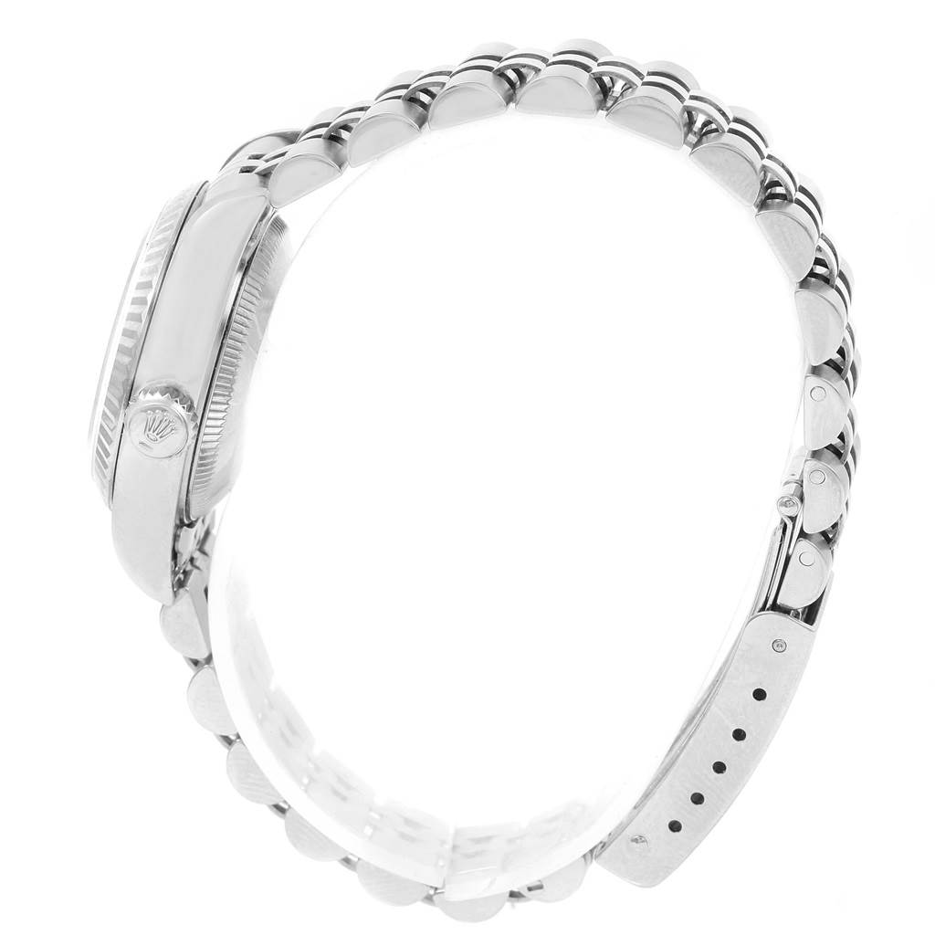 This image shows a side view of a Rolex Datejust 79174 Women's Stainless Steel Silver Dial 79174 Women's Stainless Steel Silver Dial watch, highlighting the bracelet and part of the case.