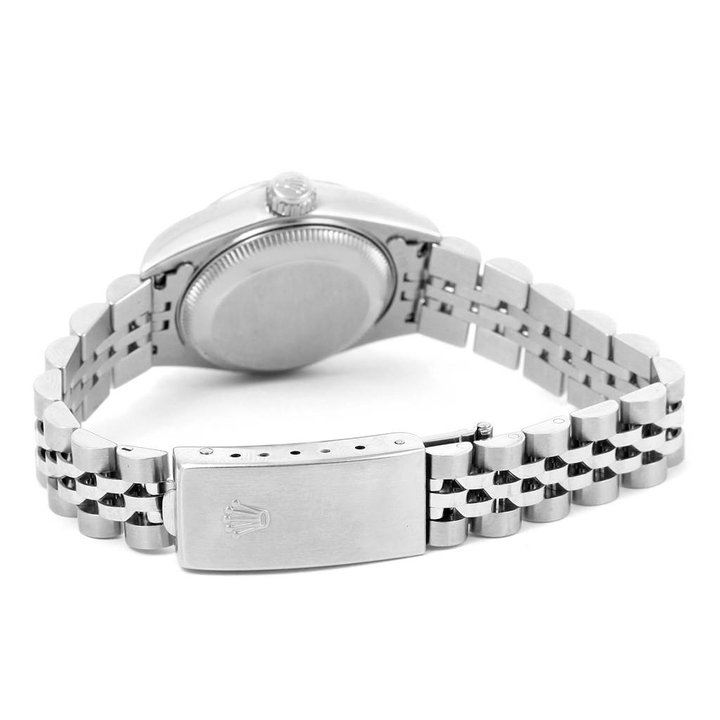 This image shows the back view of the Rolex Datejust 79174 Women's Stainless Steel Silver Dial 79174 Women's Stainless Steel Silver Dial watch, focusing on the case back and Jubilee bracelet with the Rolex logo on the clasp.