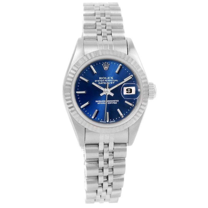 Rolex Datejust Ladies Steel White Gold Blue Baton Dial Watch 69174 SwissWatchExpo