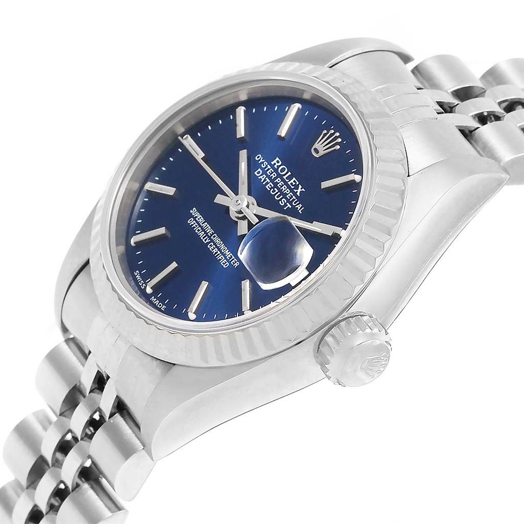 The image shows a close-up angled view of the Rolex Datejust 69174 Women's Stainless Steel Blue Dial 69174 Women's Stainless Steel Blue Dial watch, highlighting its blue dial, bezel, crown, and part of the bracelet.