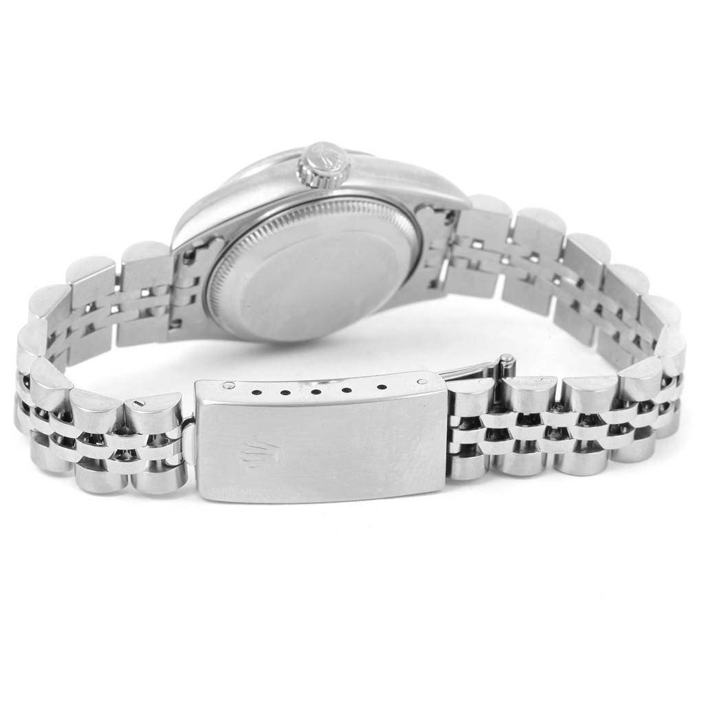 The image shows the back view of a Rolex Datejust 69174 Women's Stainless Steel Blue Dial 69174 Women's Stainless Steel Blue Dial model, focusing on the clasp and the bracelet.