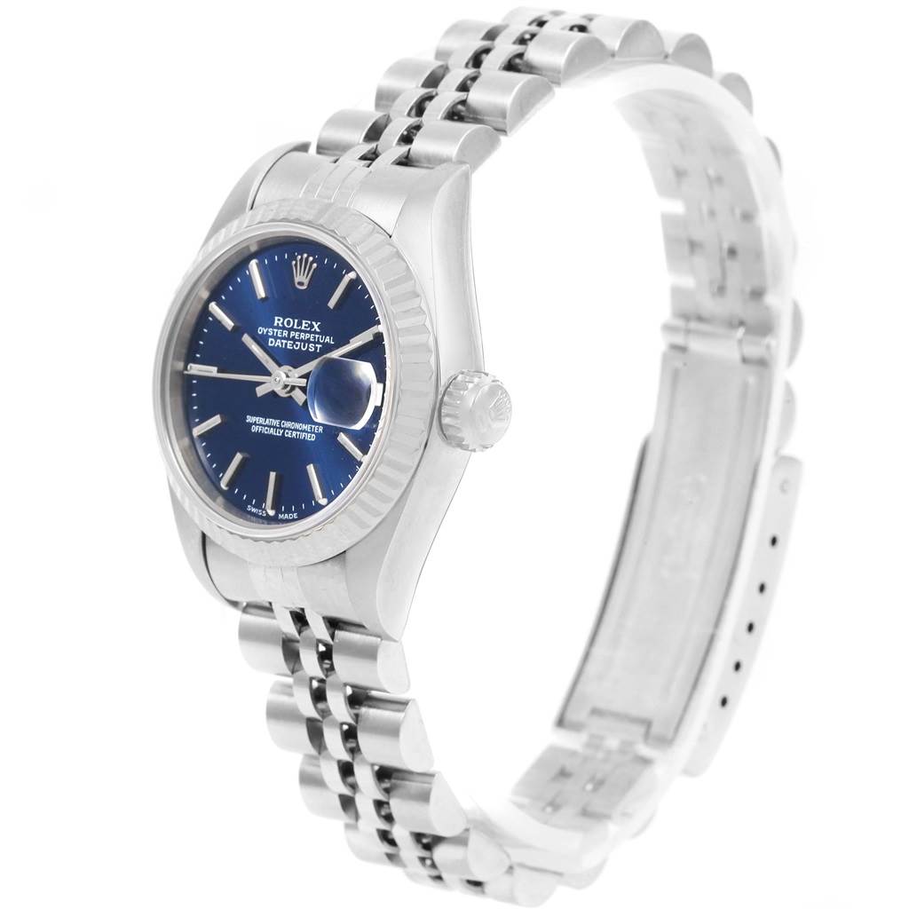 The image shows a Rolex Datejust 69174 Women's Stainless Steel Blue Dial 69174 Women's Stainless Steel Blue Dial watch with a blue dial and Jubilee bracelet from a left-side angle.