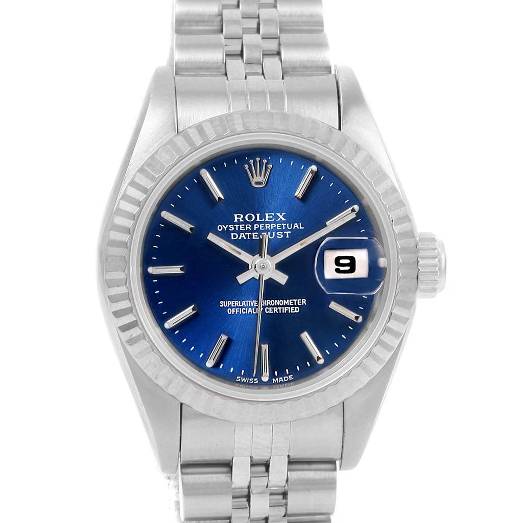This image shows a Rolex Datejust 69174 Women's Stainless Steel Blue Dial 69174 Women's Stainless Steel Blue Dial watch viewed from the front, displaying its blue dial, bezel, and bracelet.