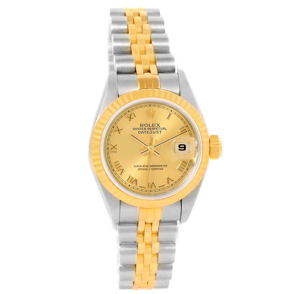 The Rolex Datejust 79173 Women's Steel and Gold (two tone) Champagne Dial 79173 Women's Steel and Gold (two tone) Champagne Dial watch is shown from a top-down angle, featuring the dial, bezel, and bracelet.
