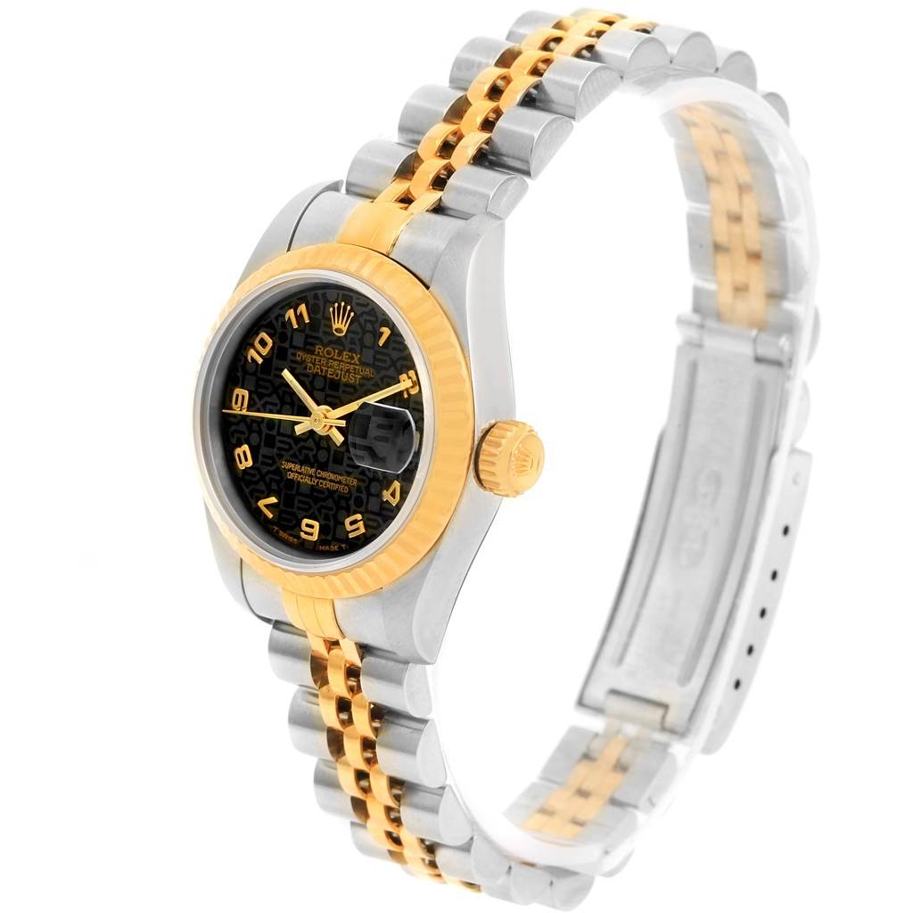 The Rolex Datejust 69173 Women's Stainless Steel Black Dial 69173 Women's Stainless Steel Black Dial watch is shown at a front angle, displaying its face, bezel, and two-tone bracelet.