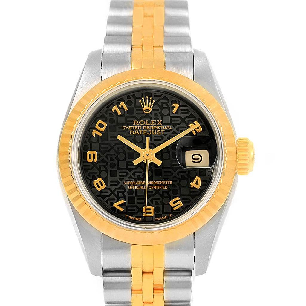 The Rolex Datejust 69173 Women's Stainless Steel Black Dial 69173 Women's Stainless Steel Black Dial watch is shown from a top-down angle, displaying the face, bezel, crown, and bracelet.