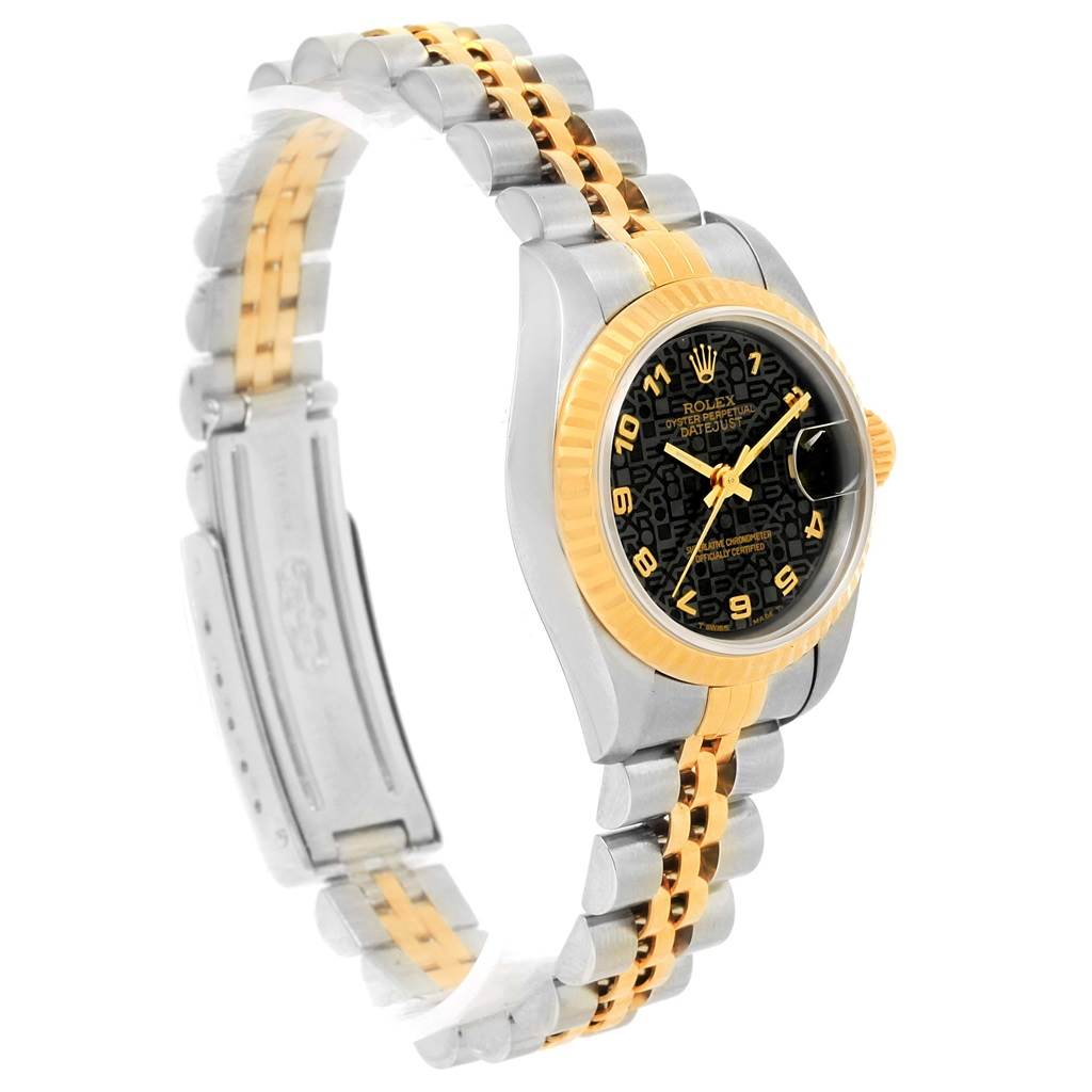 The image shows a Rolex Datejust 69173 Women's Stainless Steel Black Dial 69173 Women's Stainless Steel Black Dial watch at a 3/4 angle, highlighting its two-tone bracelet, bezel, and black dial.