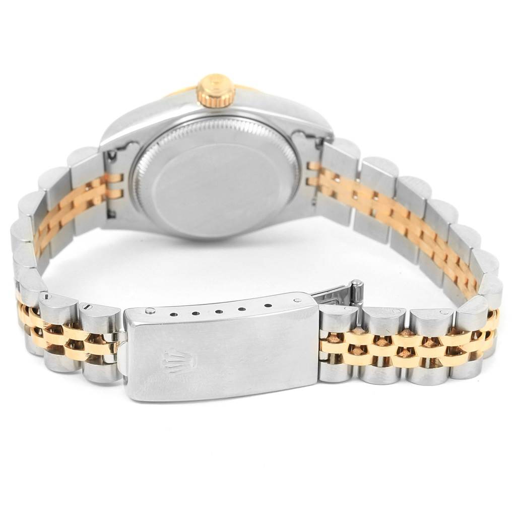 The image shows the back view of a Rolex Datejust 69173 Women's Stainless Steel Black Dial 69173 Women's Stainless Steel Black Dial watch, focusing on its case, bracelet, and clasp.