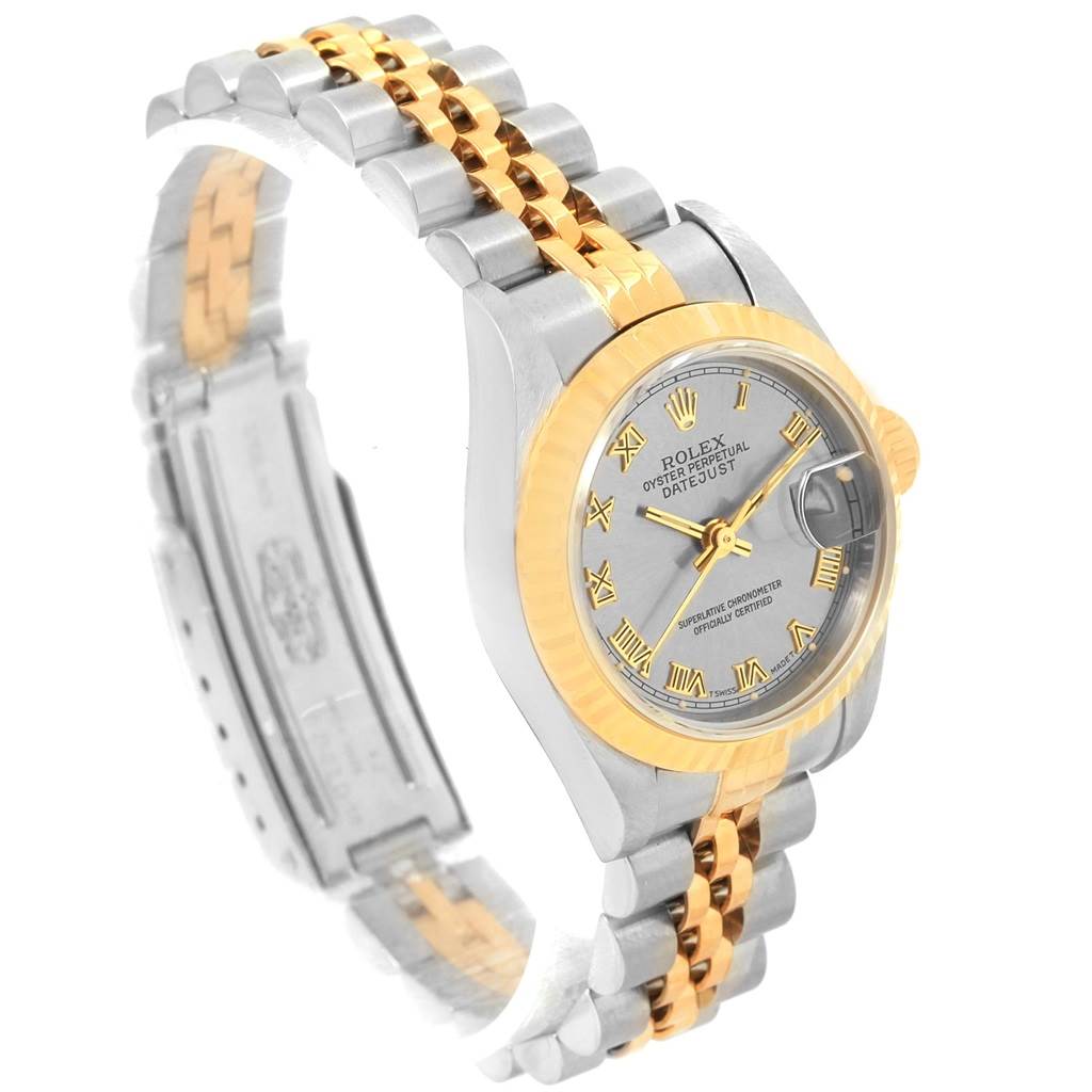 The image shows a Rolex Datejust 69173 Women's Stainless Steel Grey Dial 69173 Women's Stainless Steel Grey Dial watch at an angled view, highlighting its face, two-tone bracelet, and clasp.