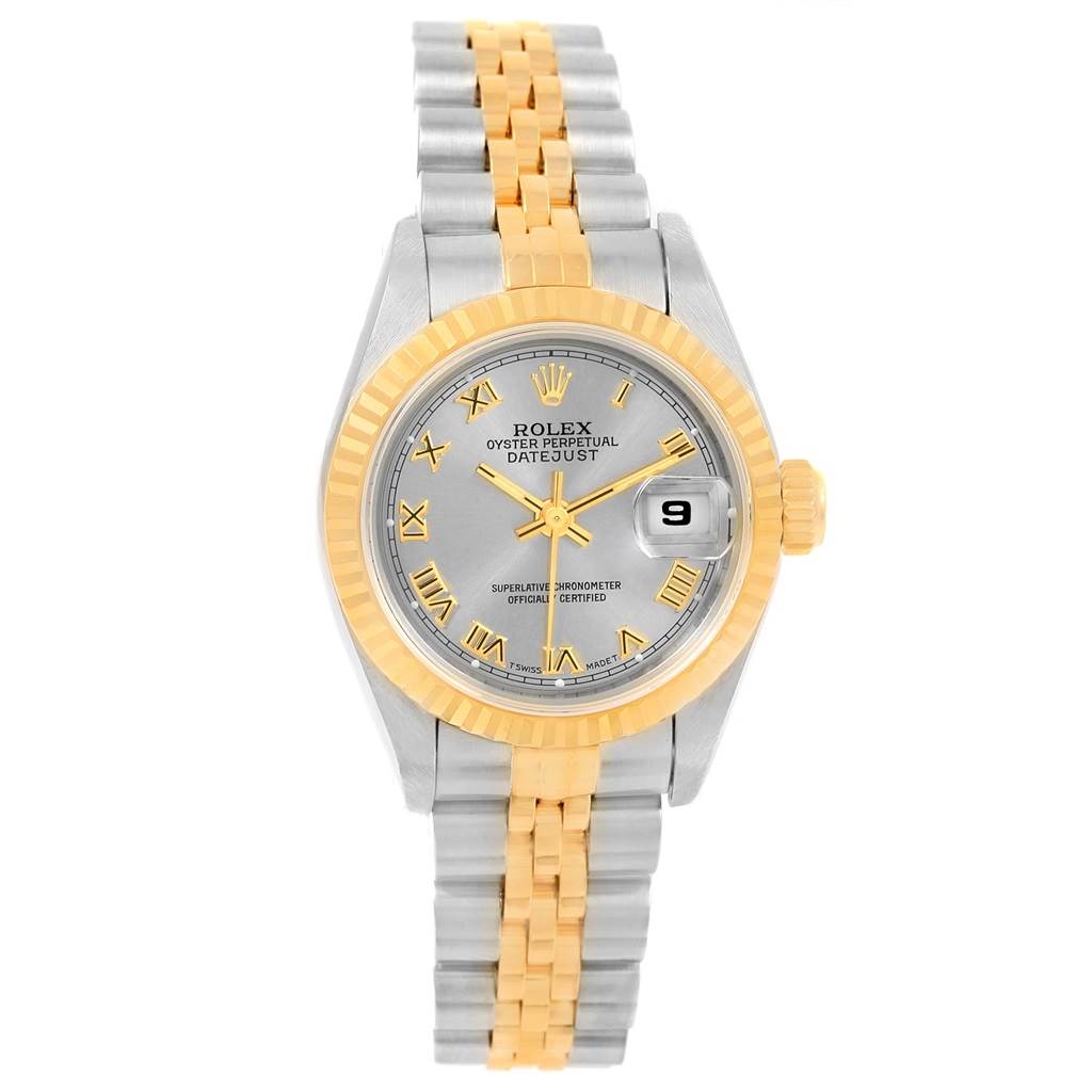 The Rolex Datejust 69173 Women's Stainless Steel Grey Dial 69173 Women's Stainless Steel Grey Dial model is shown from a front angle, highlighting the face, bezel, and two-tone bracelet.