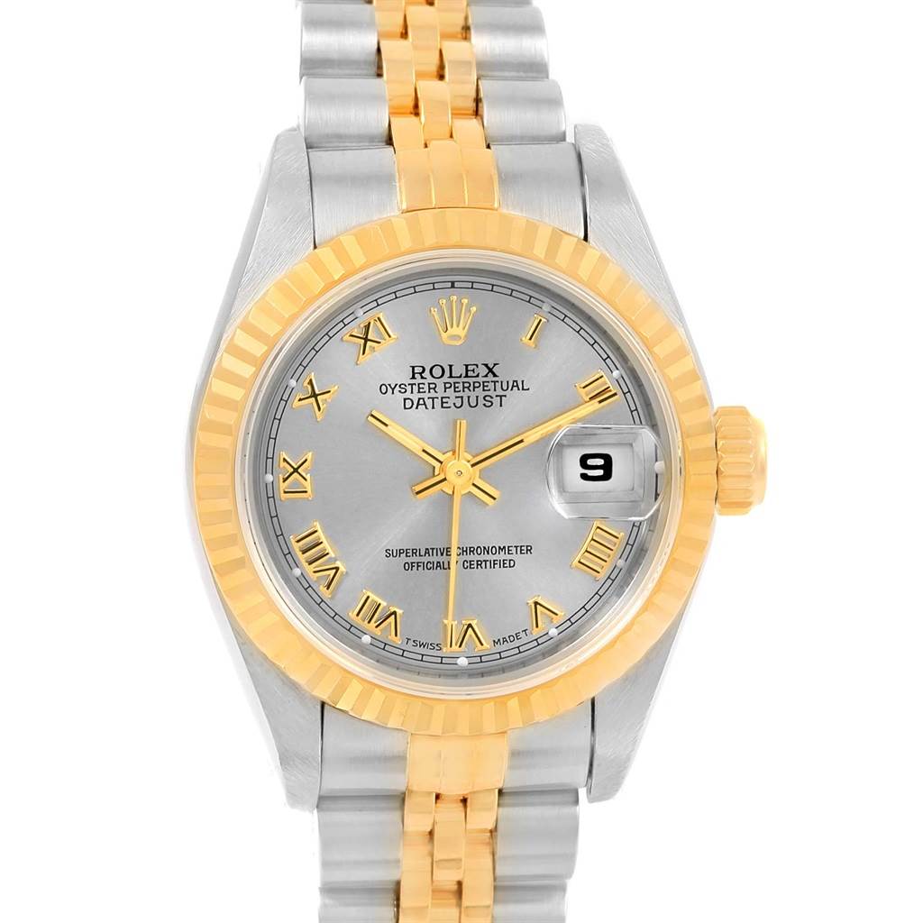 The image shows a front view of the Rolex Datejust 69173 Women's Stainless Steel Grey Dial 69173 Women's Stainless Steel Grey Dial watch, featuring a stainless steel and gold bezel, bracelet, and dial with Roman numerals.
