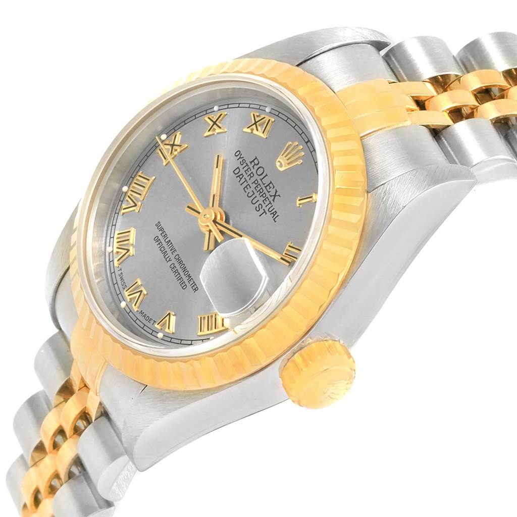 The image shows a side and partial front view of a Rolex Datejust 69173 Women's Stainless Steel Grey Dial 69173 Women's Stainless Steel Grey Dial watch, highlighting the bezel, crown, and part of the bracelet.