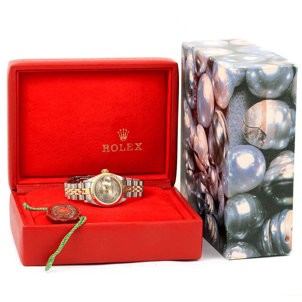 The Rolex Datejust 69173 Women's Stainless Steel Grey Dial 69173 Women's Stainless Steel Grey Dial watch is shown from the front, displayed in an open red box with its outer decorative box.