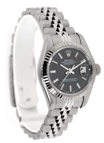 This image shows a Rolex Datejust 69174 Women's Stainless Steel Black Dial 69174 Women's Stainless Steel Black Dial watch at a slight angle, highlighting the face, bezel, crown, and bracelet.