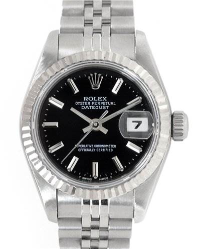 The image shows a front view of the Rolex Datejust 69174 Women's Stainless Steel Black Dial 69174 Women's Stainless Steel Black Dial watch, including its dial, bezel, and bracelet.
