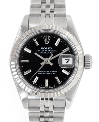 The image shows a front view of the Rolex Datejust watch, including its dial, bezel, and bracelet.