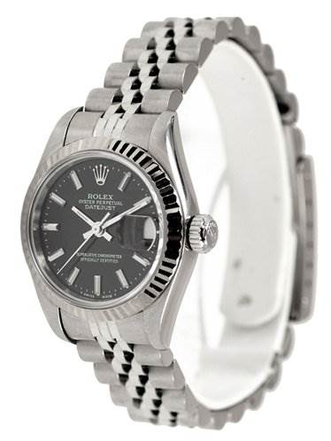 The image displays a side angle of a Rolex Datejust 69174 Women's Stainless Steel Black Dial 69174 Women's Stainless Steel Black Dial watch, showcasing the bracelet, crown, and part of the dial.