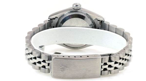 The image shows the back of a Rolex Datejust 69174 Women's Stainless Steel Black Dial 69174 Women's Stainless Steel Black Dial watch, highlighting the clasp, bracelet, and case back.