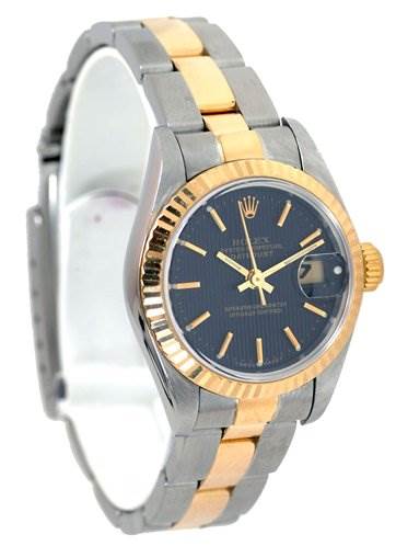 This image shows a Rolex Datejust 69173 Women's Stainless Steel Black Dial 69173 Women's Stainless Steel Black Dial watch at a slight angle from the front, highlighting the dial, bezel, and two-tone bracelet.