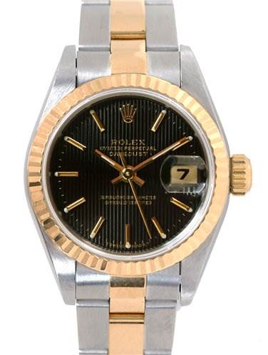 The image shows a frontal view of a Rolex Datejust 69173 Women's Stainless Steel Black Dial 69173 Women's Stainless Steel Black Dial watch, highlighting its two-tone bracelet, black dial, and fluted bezel.