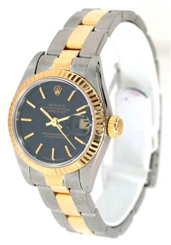 This image shows a Rolex Datejust 69173 Women's Stainless Steel Black Dial 69173 Women's Stainless Steel Black Dial watch at an oblique angle, highlighting its bezel, dial, crown, and bicolor bracelet.