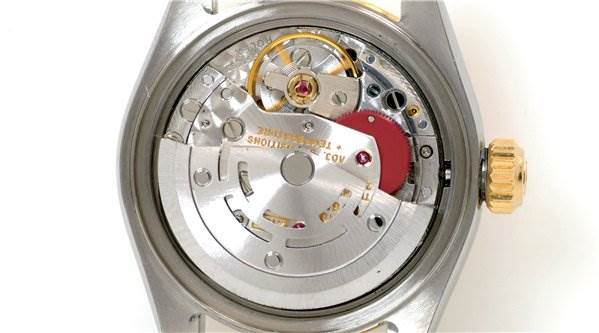 This image shows the internal mechanism of the Rolex Datejust 69173 Women's Stainless Steel Black Dial 69173 Women's Stainless Steel Black Dial model viewed from the back case.